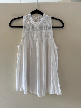 Nine West White Ruffled High-Neck Sheer Sleeveless Top